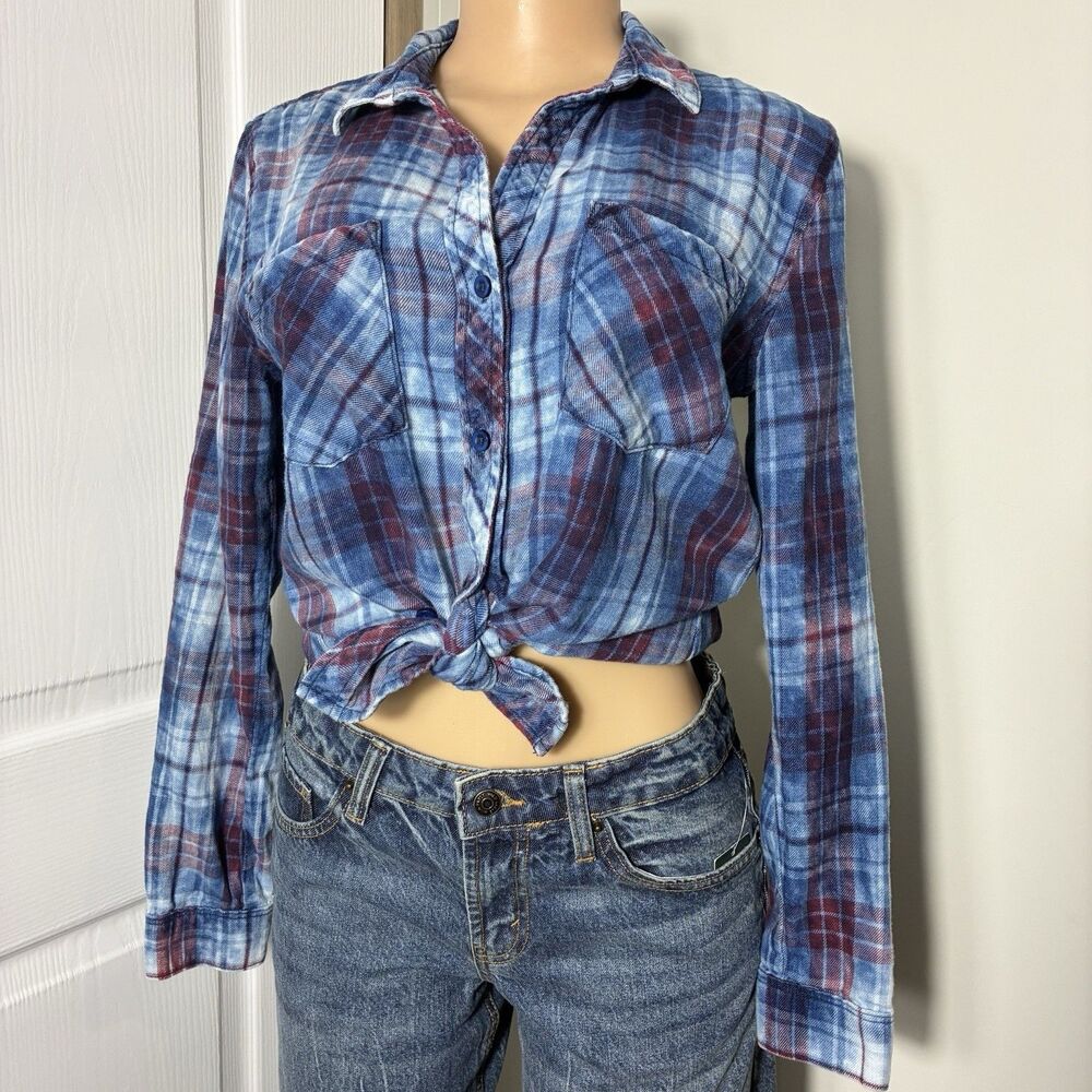 Cloth & Stone Womens Shirt Size S Blue Plaid Long Sleeve Button Up  Lightweight